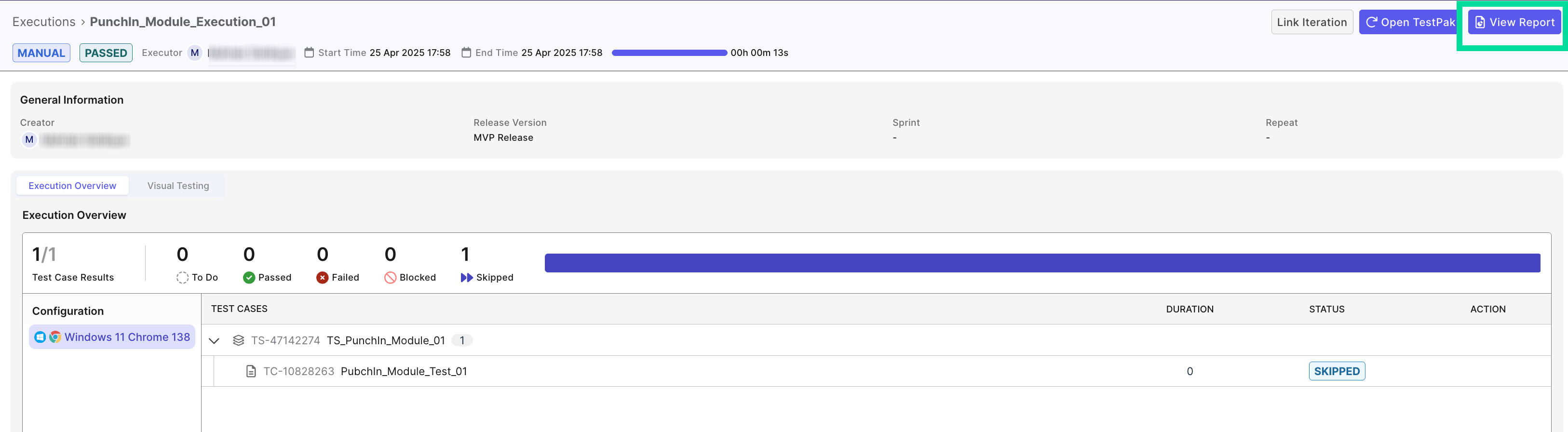 TO3 Execution Overview View Report Button